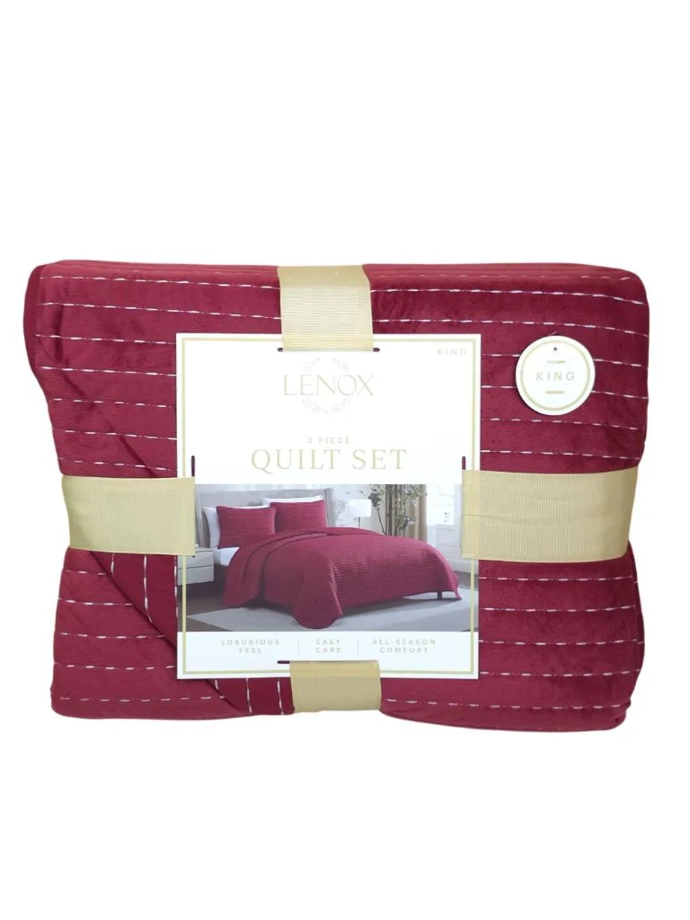 Lenox 3-Piece King Quilt Set Luxurious Feel Easy Care Red Pin Stripes Holiday